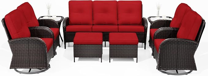 Joyside Wicker Patio Furniture Set, 9 Piece Outdoor Furniture Set with Thickened Cushions, High Back, Deep Seating, Wide Armrest, Outdoor Swivel Rocker Chairs for Porch, Deck