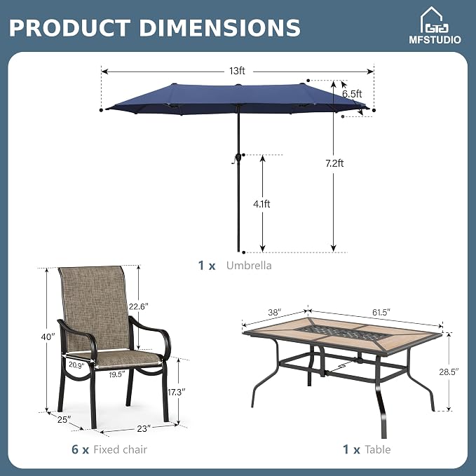 MFSTUDIO Outdoor Dining Set with Umbrella, Patio Dining Set for 6, Outdoor Furniture Set with Rectangular Table & Textilene Chairs & Navy Blue Umbrella (Base not Included)