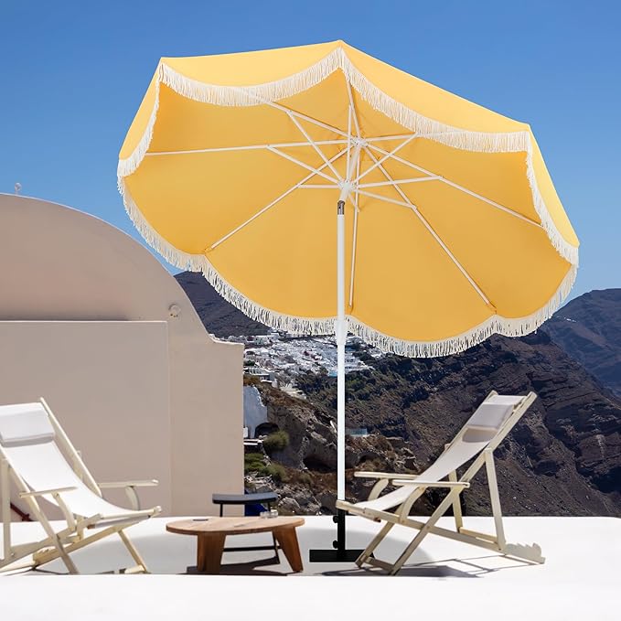Tempera 9ft Yellow Scalloped Patio Umbrella with Fringe,UV Protection Fade Resistant Canopy, 8 Sturdy Ribs, Outdoor Table Umbrella with Crank Tilt for Lawn, Pool, Deck, Balcony