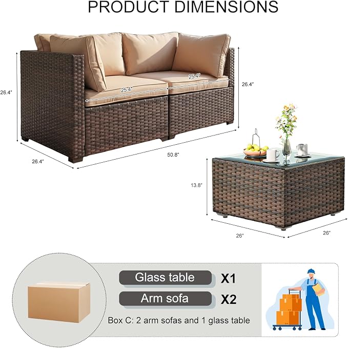 3 Pieces Patio Furniture Set with Glass Table, Outdoor PE Rattan Sectional Sofa with Soft Cushions for Backyard, Porch, and Poolside (Beige, 3 PCS w/Table)