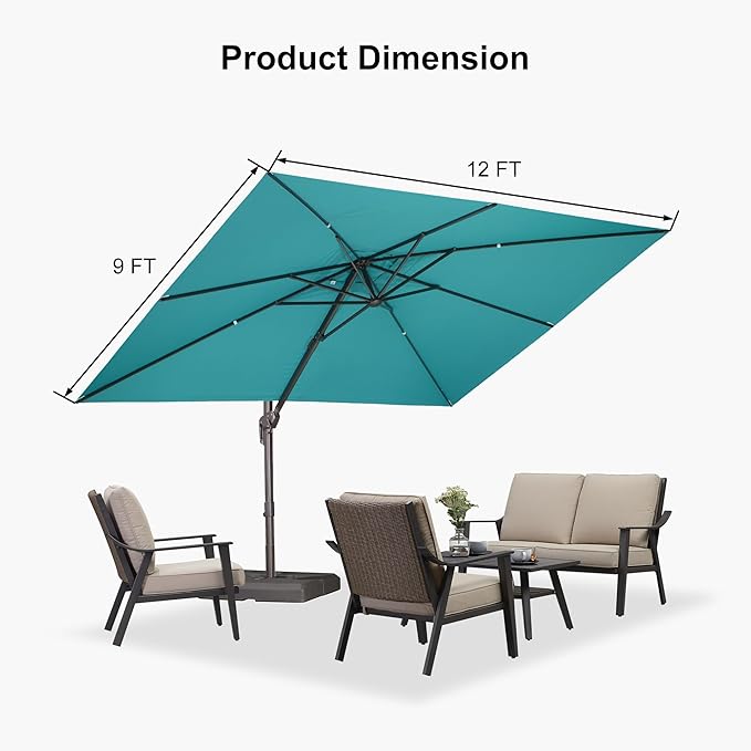 PURPLE LEAF 9' X 11.5' Rectangle Cantilever Umbrella with Base Patio Umbrella Outdoor Aluminum Antique Bronze Offset Hanging Umbrella with 360-degree Rotation for Pool Garden Backyard Deck, Turquoise