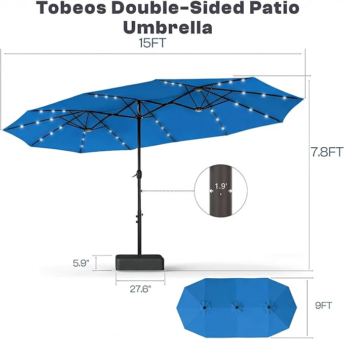15ft Large Patio Umbrella with Solar Lights and Base, Double-Sided Outdoor Rectangle Umbrella with 48 LED Lights, Market Table Umbrellas with UV Resistant Canopy