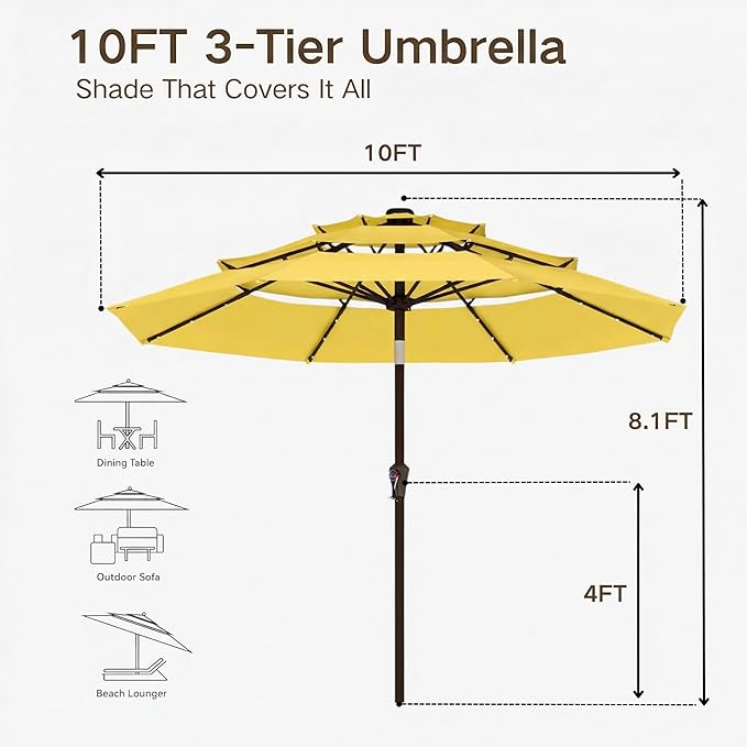 Kingdura 10ft 3-Tier Patio Umbrella with Solar Lights, Table Umbrella Outdoor Patio with Easy Crank & Tilt, 8 Sturdy Ribs, UV Protection, 32 LED Lights for Deck, Poolside, Market (Yellow)
