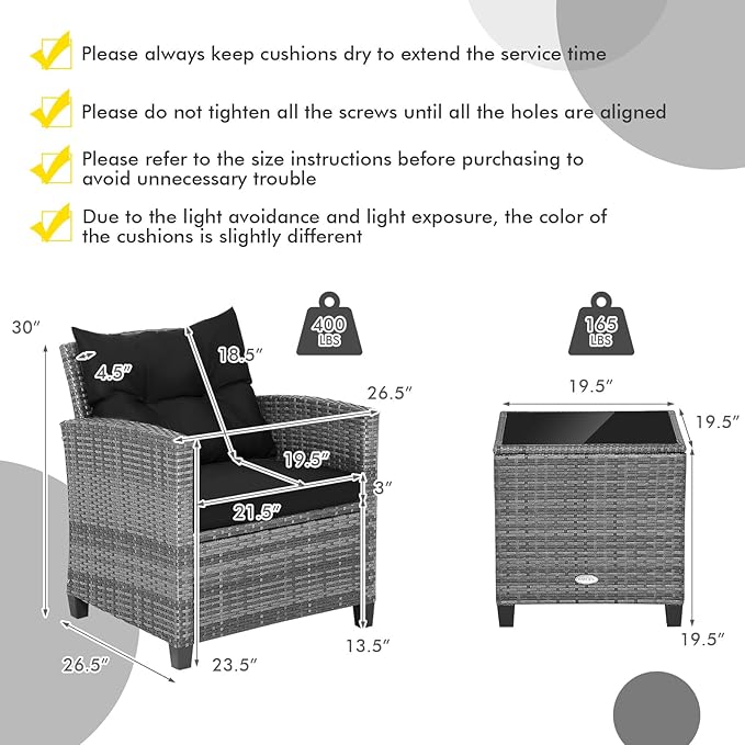 HAPPYGRILL 3 Pieces Patio Conversation Set, Outdoor Furniture Set PE Rattan Sofa Set with Removable Cushions, PE Wicker Chairs with Tempered Glass Side Table for Porch Lawn Garden Balcony Backyard