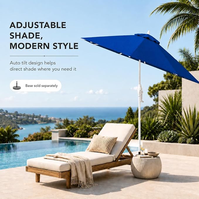 Treasure Garden 9ft Patio Umbrella - Outdoor Furniture Market Umbrella – Deluxe Auto-Tilt – White Aluminum Frame (Sunbrella, Pacific Blue)