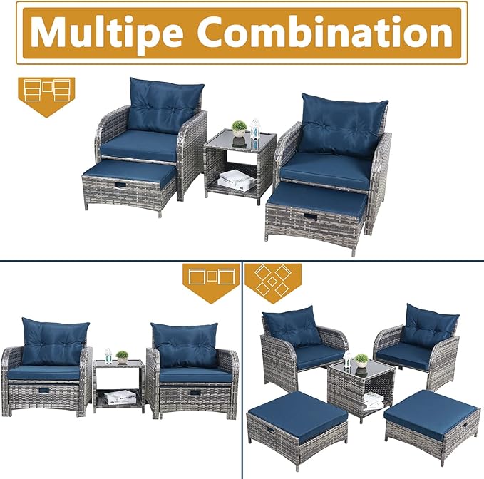 5 Pieces Wicker Outdoor Patio Chairs with Ottomans, All Weather PE Rattan Outdoor Conversation Set Bistro Patio Furniture Set with Hidden Ottoman for Porch Backyard Balcony, Blue