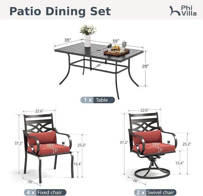 PHI VILLA Patio Dining Set, Swivel Chairs, Metal Table | Metal chairs, Red Cushion, Umbrella Hole, Cushions, E-coated