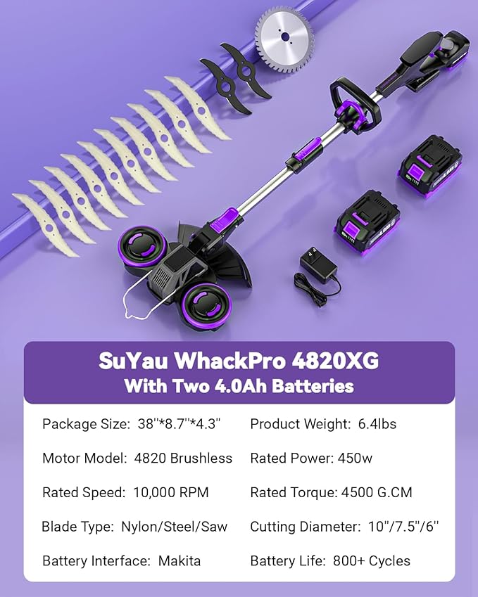 Cordless Weed Wacker, GearBrushless Motor, 20V 5.2Ah Battery Powered, 3 in 1 Edger/Mower/Trimmer with Metal Blade (Two 4.0A Batteries)