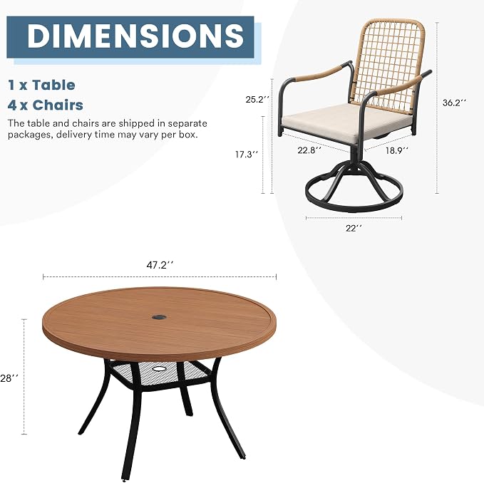 DIFY 5 Pieces Outdoor Dining Set for 4, 47.2" Round Dining Table with Umbrella Hole & Wicker Swivel Patio Chairs with Cushions, Metal Patio Table and Chairs Set for Backyard Porch Garden, Walnut