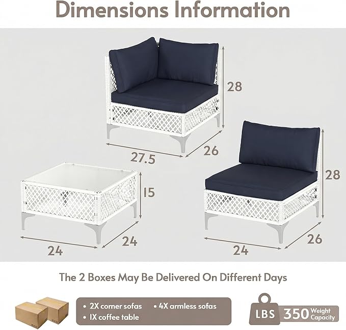 ENSTVER 7-Piece Outdoor Patio Furniture Set, Value Lightweight Boho Outdoor Sectional with Handwoven Wicker & Easy Assembly, Durable Outdoor Sofa for Small Patio, Balcony(Cushion Navy Blue)