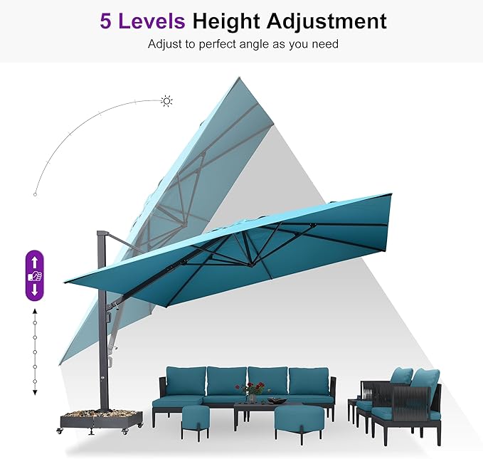 PURPLE LEAF 13 FT Square Patio Umbrella with Base Included Large Cantilever Outdoor Aluminum Offset Umbrella with 360-degree Rotation for Garden Deck Backyard Pool Turquiose Blue