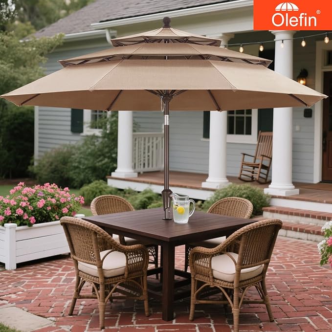 MASTERCANOPY 9ft 3-Tier Olefin Patio Umbrella with Tilt Crank, 5-Year-Non-Fading Canopy & 8 Fiberglass Ribs for Deck, Patio, and Garden, Light Beige