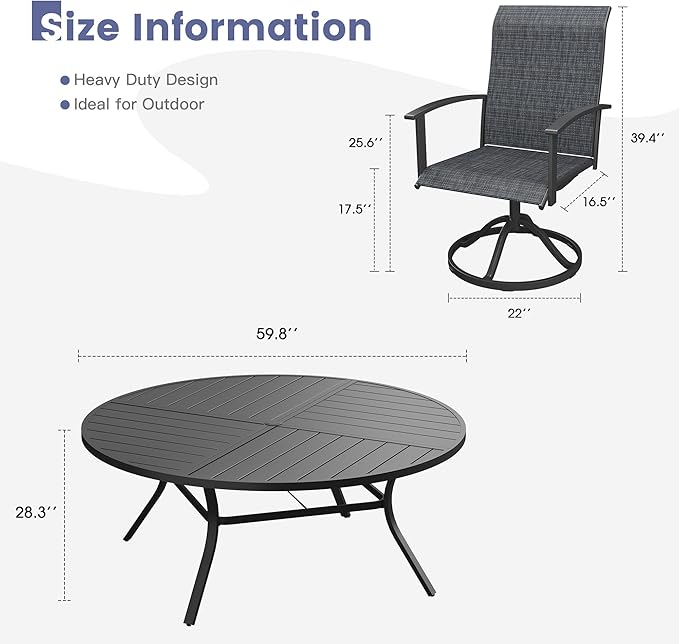 VICLLAX Outdoor Table and Chairs Set for 8, Patio Dining Set of 60 Metal Round Patio Table with Umbrella Hole & 9 Swivel Outdoor Dining Chairs for Backyard Lawn, Charcoal & Black