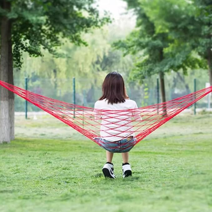 Nylon Rope Hammock 10 Group Knot Rope Mesh Outdoor Camping Lightweight Hammock with Storage Bag Easy to Set Up(Rojo)