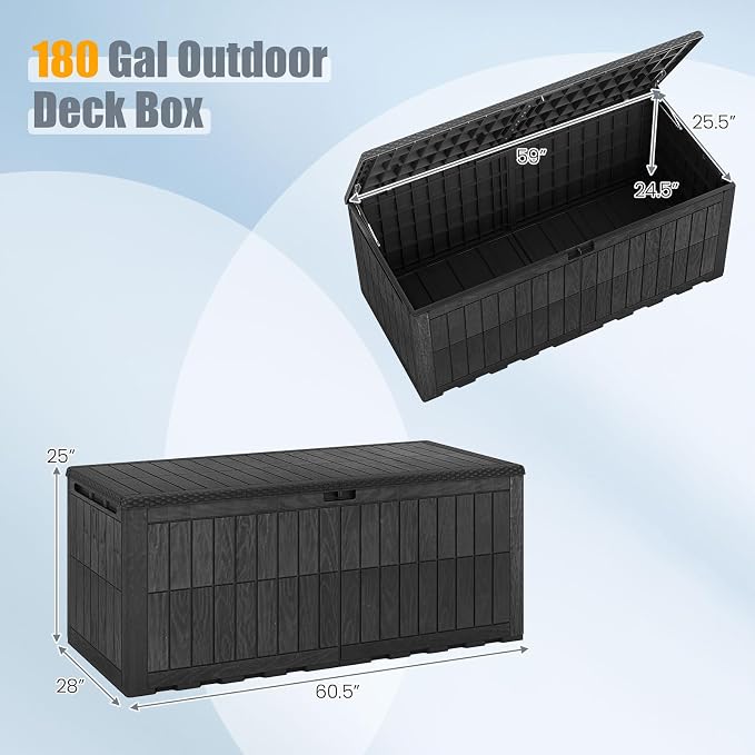 HAPPYGRILL 180 Gal Outdoor Deck Box, Lockable Storage Bin with Lid and Handles, Waterproof and Sun-Protective Patio Bench and Storage Box for Garden Tools Pool Supplies (Black, 180Gallon)