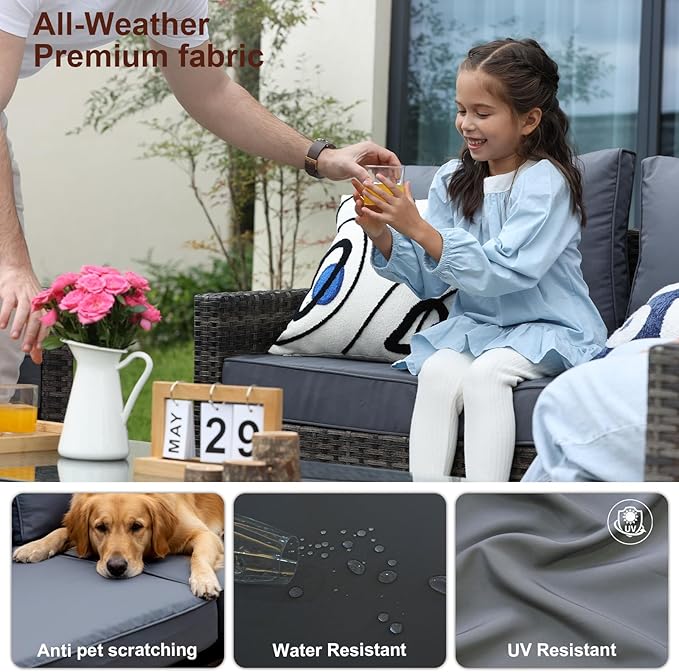 2 Pieces Patio Furniture Set,All Weather Rattan Loveseat with Tempered Glass Table for Porch,Deck,Backyard,Grey