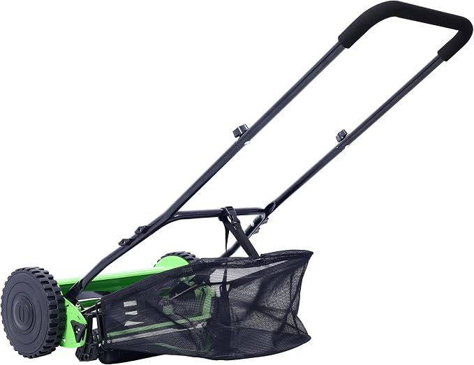 KEIKI 14-Inch Manual Lawn Mower, Push Reel Mowers w/Grass Catcher & Adjustable Cutting Height, 2-Wheels Small Lawnmower with 5 Steel Blades for Graden, Spaces Saving & Easy Assembly, Green