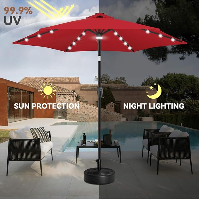 10ft Solar Patio Umbrella - Outdoor Umbrella with Centre Surround Light 24 LED Lights, Market Table Umbrella with Tilt for Pool, Porch, Garden, Deck, Backyard UV Protection (Red)