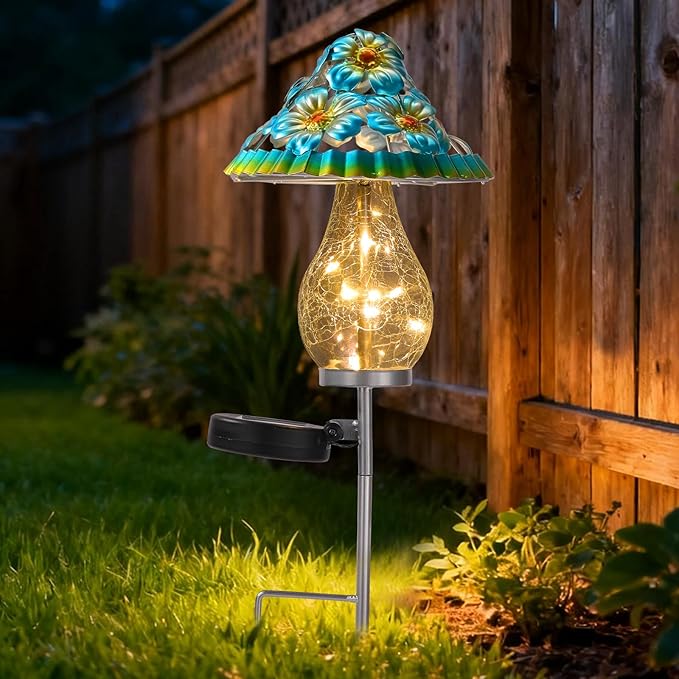 LOVERUIS Fairy Garden Accessories Mushroom Garden Decor for Outside with Cracked Ball Waterproof Metal Stake Outdoor Yard Patio Decor, Gifts for Women, Mom, Grandma
