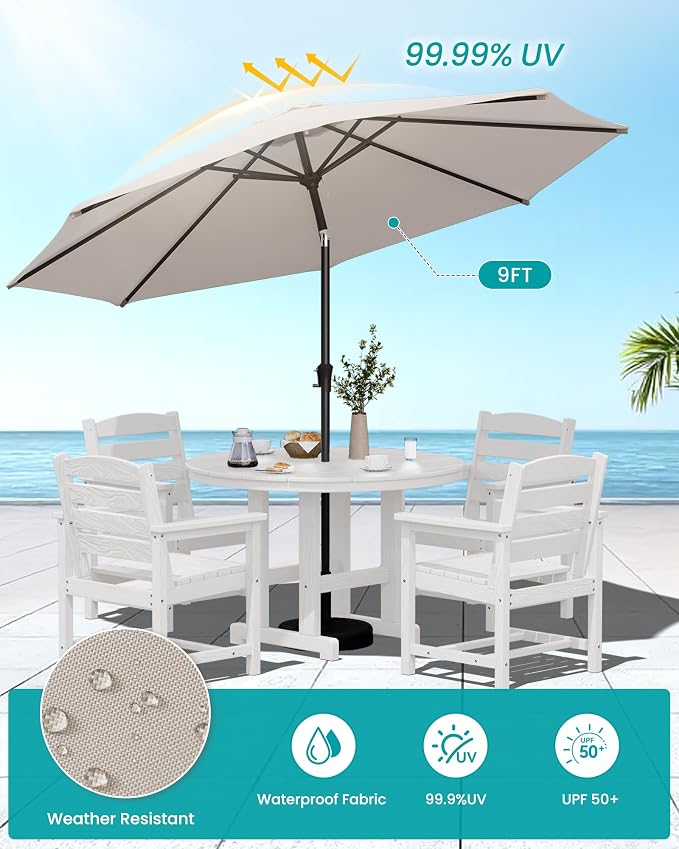 SERWALL 6-Piece Patio Dining Sets, HDPE Outdoor Table and Chairs Furniture Set with Umbrella, 45" Round Dining Table & 4 Dining Chairs & 1 9FT Umbrella, White(Not Include Umbrella Base)