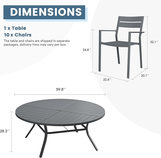 DIFY 11 Piece Outdoor Patio Dining Set for 10, 59.8" Round Dining Table with Umbrella Hole and Stackable Metal Chairs, Patio Table and Chairs Set for Backyard Garden Poolside, Grey