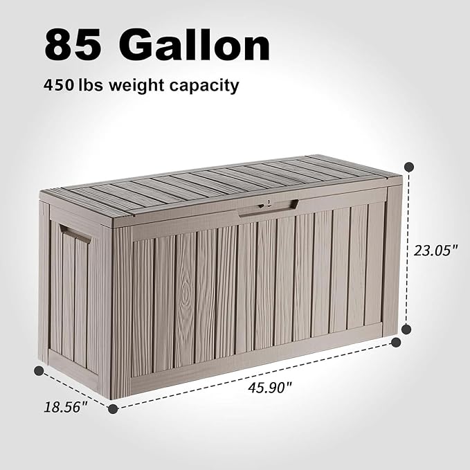 Outdoor Waterproof Resin Storage Deck Box Lockable Outside Bench UV Resistant Bin Patio Porch Furniture Pool Float Garden Tool Cushion (Grey, 90 Gallon)