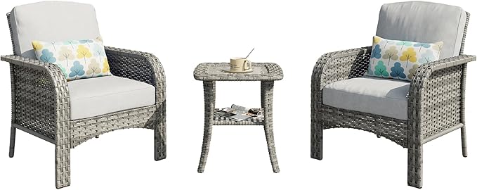 3 PCS Outdoor Patio Furniture Set with Side Table, All-Weather Rattan Wicker Outdoor Conversation Set with Thickened Cushions for Balcony Backyard Garden Lawn,Grey
