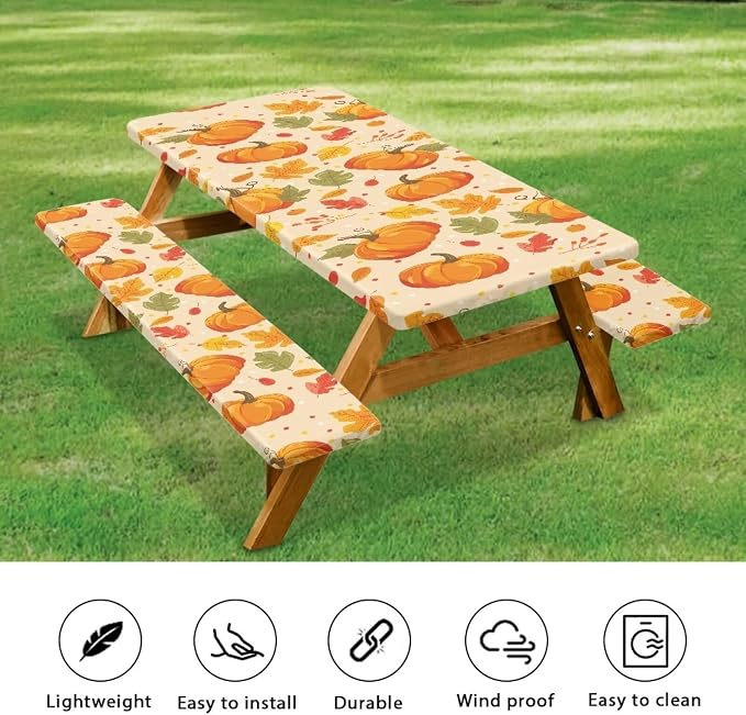Fall Picnic Table Cover Fitted Picnic Table Cover with Bench Covers Picnic Table Cover Set of 3 Camping Rectangular Tablecloth Suitable for Family Gatherings Vacations Outdoor