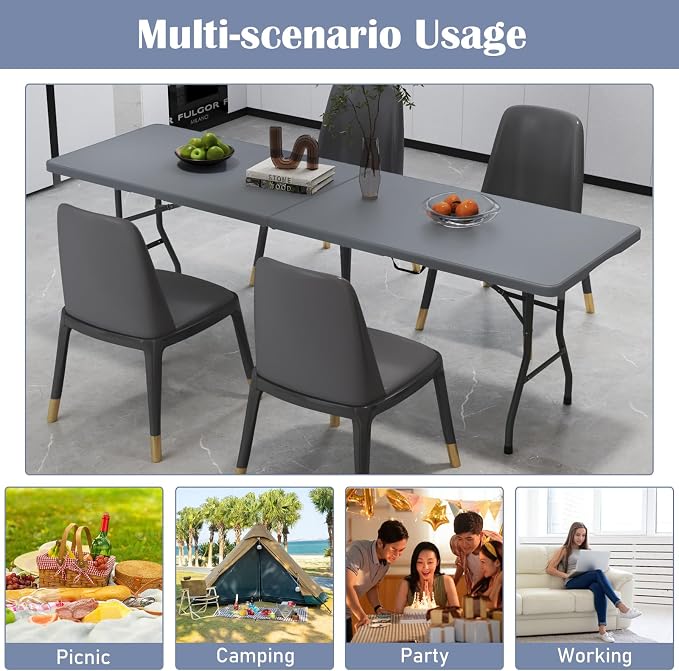 Tangkula 8 FT Folding Table, Indoor Outdoor Foldable Plastic Table with HDPE Tabletop, Sturdy Metal Fame, Carrying Handle, Heavy Duty Portable Fold-in-Half Picnic Table for Camping BBQ Party