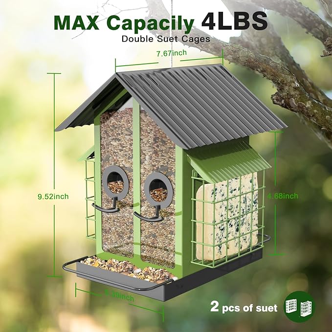 FlowaFoli Bird Feeders for Outdoors, Metal Bird Feeder with Double Suet Cage Weatherproof Metal Roof, 2 in 1 Mixed Seeds Suet Feeder, 4Lbs Large Capacity, Great for Finch、Cardinal、Chickadee(Green)