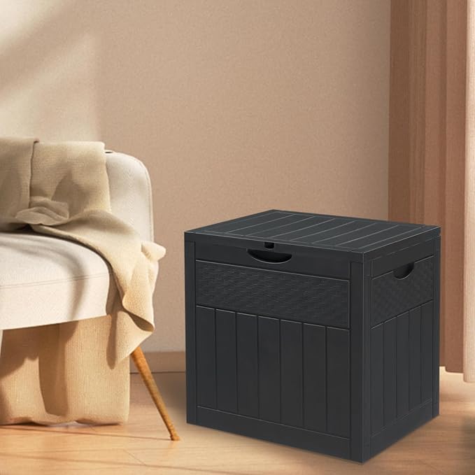 33 Gallon Small Deck Box Outdoor Storage Cube, Rattan Plastic Resin Garden Storage Box Chest, Patio Side Table for Cushions, Charcoal & Garden Tools, Gray