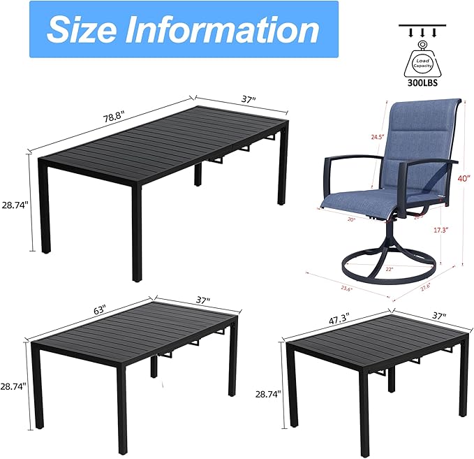 MEOOEM Outdoor Patio Dining Sets for 8, Outdoor Expandable Long Tables and Blue Swivel Chairs Set of 8, All Weather Heavy Duty 9-Piece Outdoor Patio Table and Chairs for Garden, Backyard