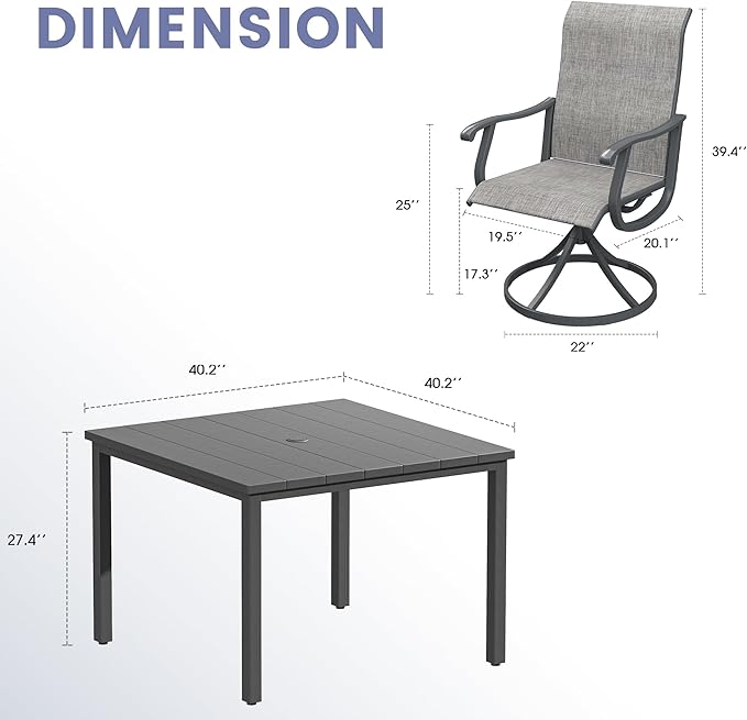 VICLLAX 5 Pieces Patio Dining Set, Patio Furniture Set of 4 Patio Swivel Dining Chairs and Square Patio Table, Grey Chairs & Dark Grey Tabletop