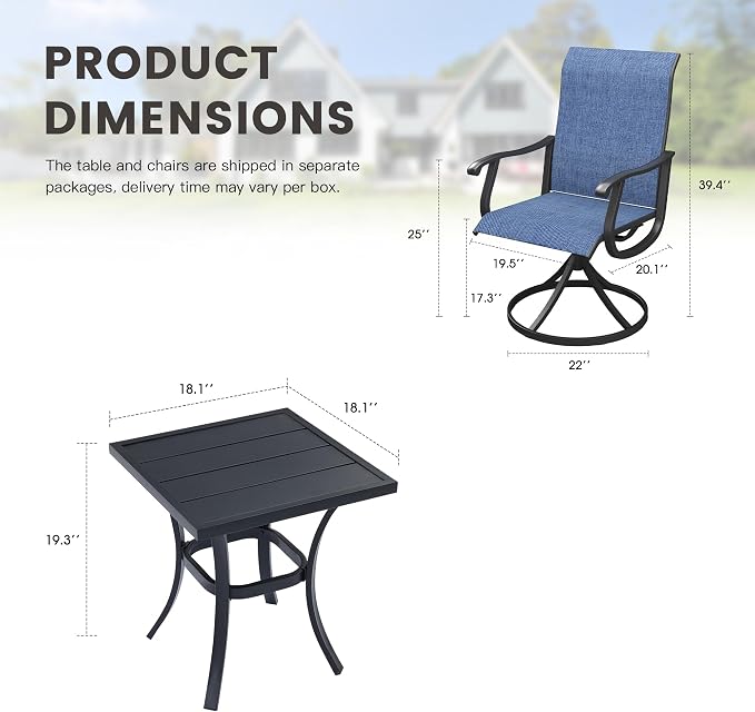 Outdoor Dining Set for 2, 18.1" Metal Square Patio Side Table and Sling Patio Swivel Chairs, 3 Pieces Patio Table and Chairs Set for Garden Backyard, Dark Blue and Black