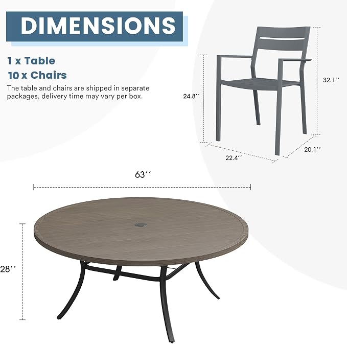 DIFY 11 Piece Outdoor Patio Dining Set for 10, Patio Table and Chairs Set with Umbrella Hole, 63" Round Dining Table and Stackable Metal Chairs for Backyard Garden Poolside, Grey Wood-Like & Grey