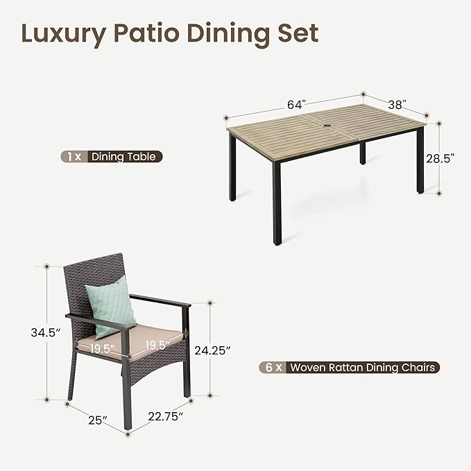PHI VILLA 7 Pieces Patio Dining Set for 6, 65” Wood-Like Metal Steel Dining Table & Rattan Wicker Chairs with Cushions, Large Dining Furniture Set for Outdoor Deck, Yard, Porch