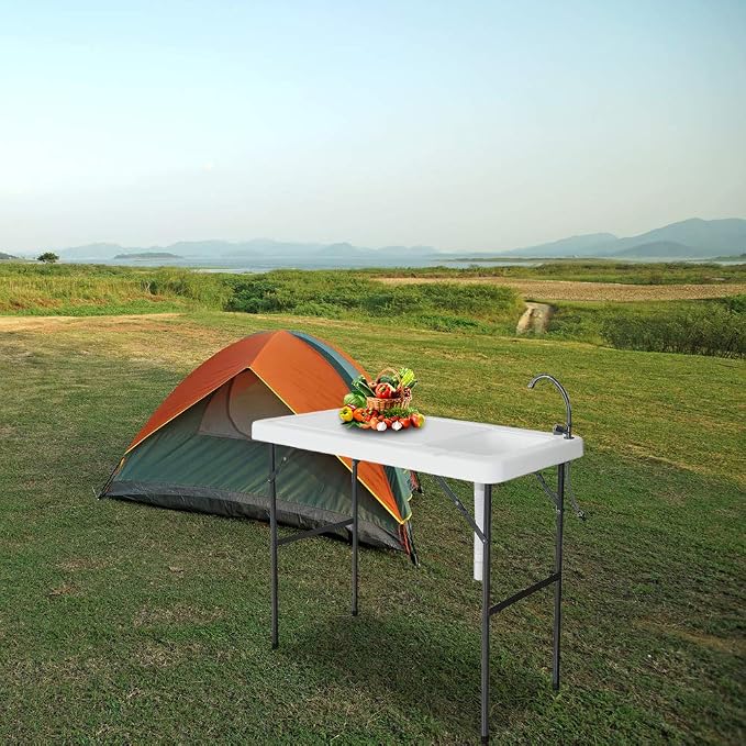 SSLine Portable Outdoor Fish Table Folding Camping Table with Sink Patio Picnic Cleaning Cutting Work Station Desk w/Quick Connect Faucet