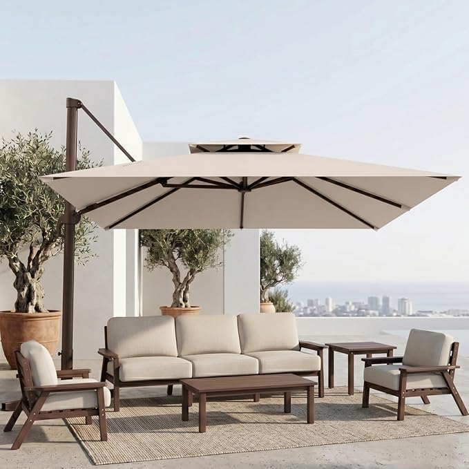 10'×10' Patio Umbrella, Double Top Aluminum Cantilever Umbrella with 360°Rotation, Offset Patio Umbrella with Easy Tilt for Pool Deck Garden Backyard, Beige (Base not Included)