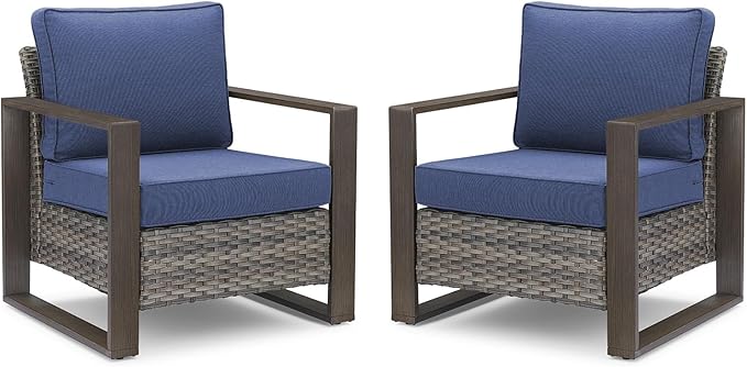 Belord Patio Wicker Chairs Set of 2-350 LBS Weight Capacity Wicker Outdoor Club Chair Set with Metal Wide Armrests for Porch Deck Sunroom Backyard