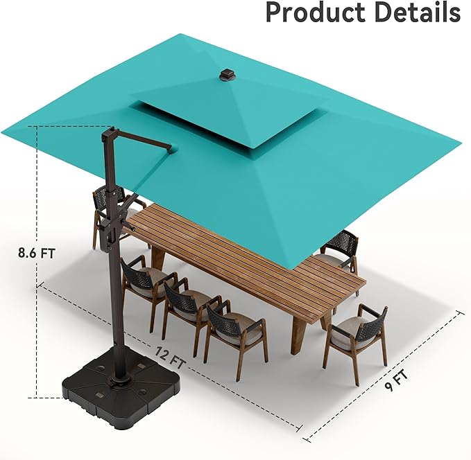 9' X 12' Cantilever Patio Umbrella with Led Lights Double Top Rectangular Outdoor Large Offset Umbrellas with 7 Tilts Adjustable 360°Rotation for Deck Pool Garden Backyard, Turquoise