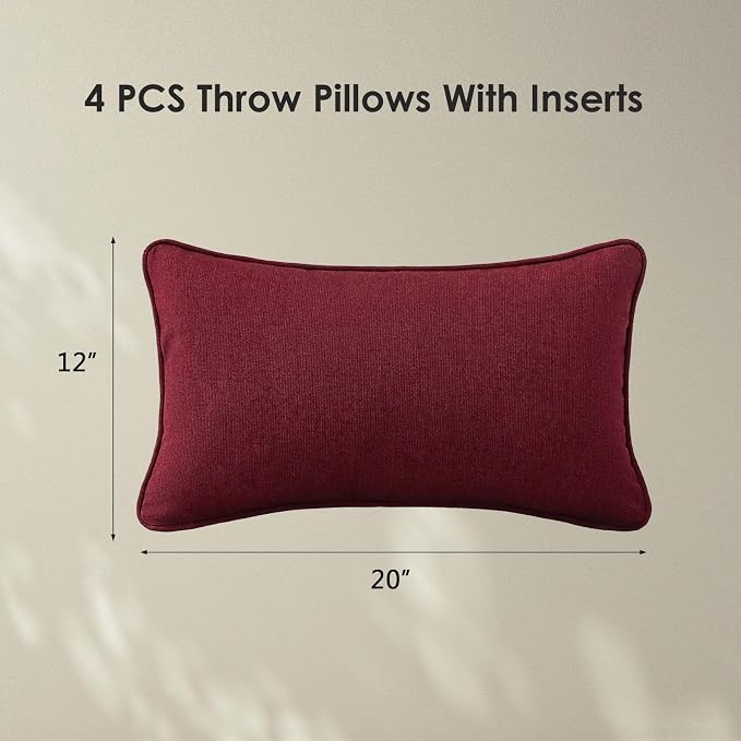 Unimatta Sunbrella Decorative Outdoor Water Repellent Throw Pillows with Inserts, Set of 4, 20" x12" Pillows for Patio, Backyard, Bed, Couch, and Patio Furniture, Spectrum Ruby