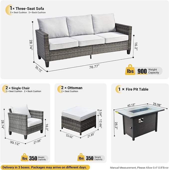 ovios 6 Pieces Patio Furniture Set with Fire Pit Table, Outdoor Wicker 3-Seat Sofa with Comfy Cushion, High Back Rattan Conversation Set for Deck Porch, Grey