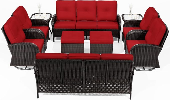 Joyside Wicker Patio Furniture Set, 10 Piece Outdoor Furniture Set with Thickened Cushions, High Back, Deep Seating, Wide Armrest, Outdoor Swivel Rocker Chairs for Porch, Deck