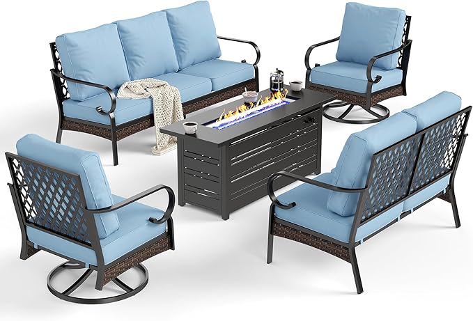 SUNSHINE VALLEY 5 Piece Metal Outdoor Patio Furniture Sets with Firepit Table, Patio Conversation Sets 1 3-Seater Sofa, 1 2-Seater Loveseat, 2 Swivel Sofa with 5.75" Cushion for Backyard Deck, Blue