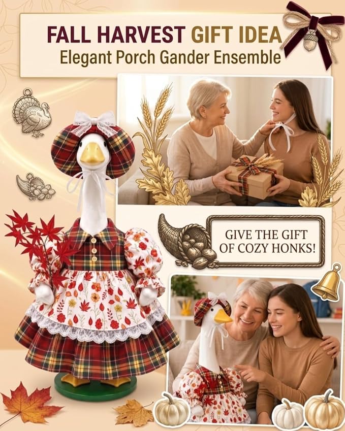 Fall Porch Goose Outfits, 23 Inch Geese Dress with Hat & Maple Leaf | Porch goose thanksgiving outfits for cement goose. Autumn yard decor clothes, thoughtful gift for mom grandma.