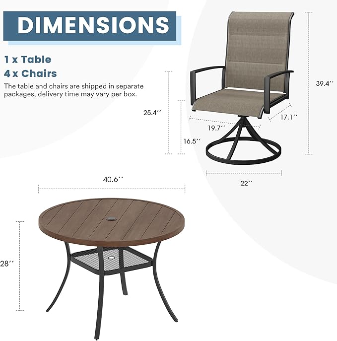 DIFY 5 Piece Outdoor Patio Dining Set for 4, 40.6" Walnut Round Metal Dining Table and Swivel Patio Chairs with Brown Padded Textilene, All-Weather Outdoor Furniture Set for Garden Backyard Porch