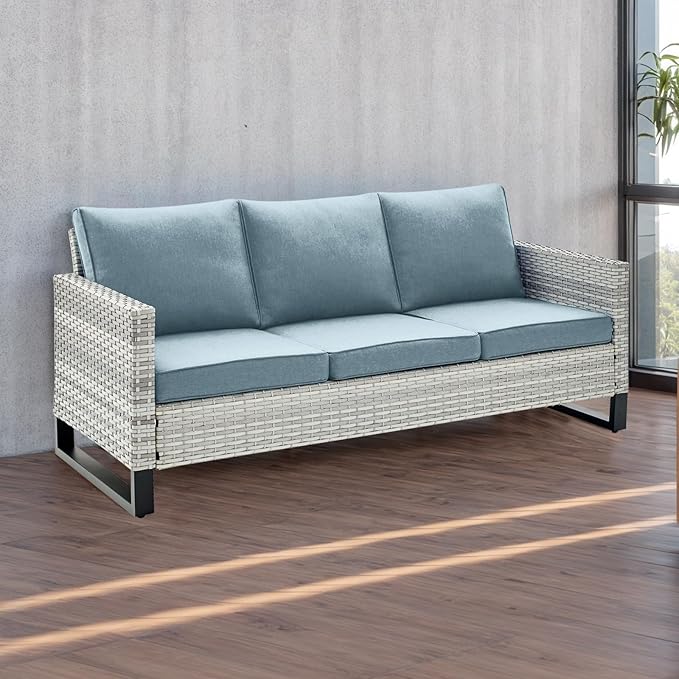 Rilyson Wicker Outdoor Couch Patio Sofa - 3 Seater Rattan Outdoor Patio Couch with Waterproof Wicker,Comfortable Cushions and Sturdy Metal Frame for Outside Porch Deck Backyard(Light Grey/Sky Blue)