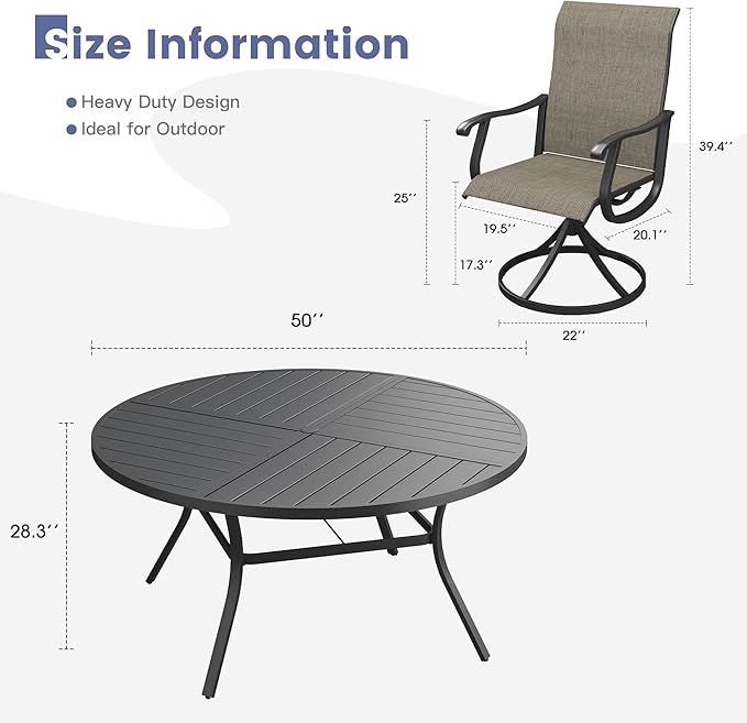 VICLLAX 7 Pieces Patio Dining Set, Patio Furniture Set of 6 Patio Swivel Dining Chairs and 50" Patio Spliced Round Tabletop, Mixed Brown Chairs & Black Tabletop