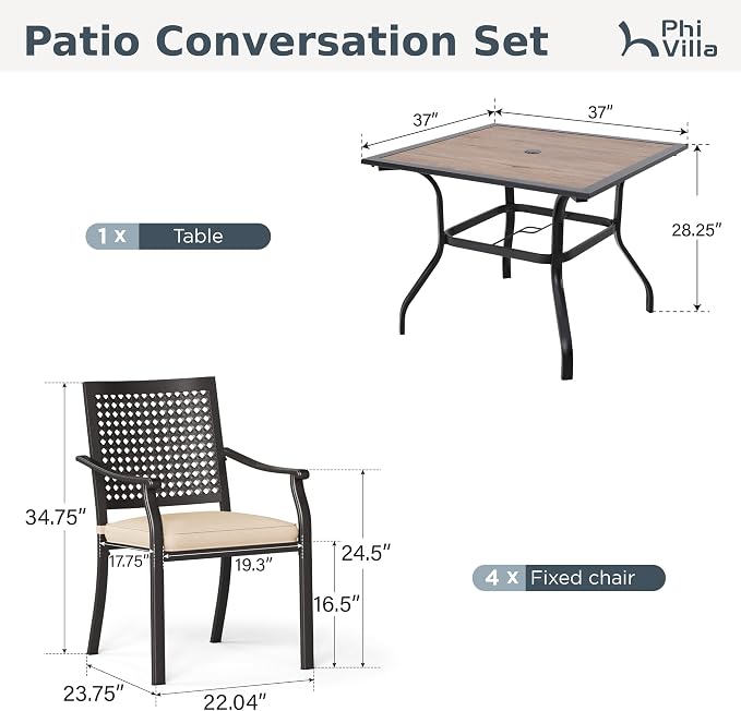 PHI VILLA Outdoor Dining Set for 4, 37" Metal Table & Chairs w/Cushions | 5 pcs black wrought iron square furniture set. Polywood top table w/ umbrella hole. All weather for patio, deck, porch
