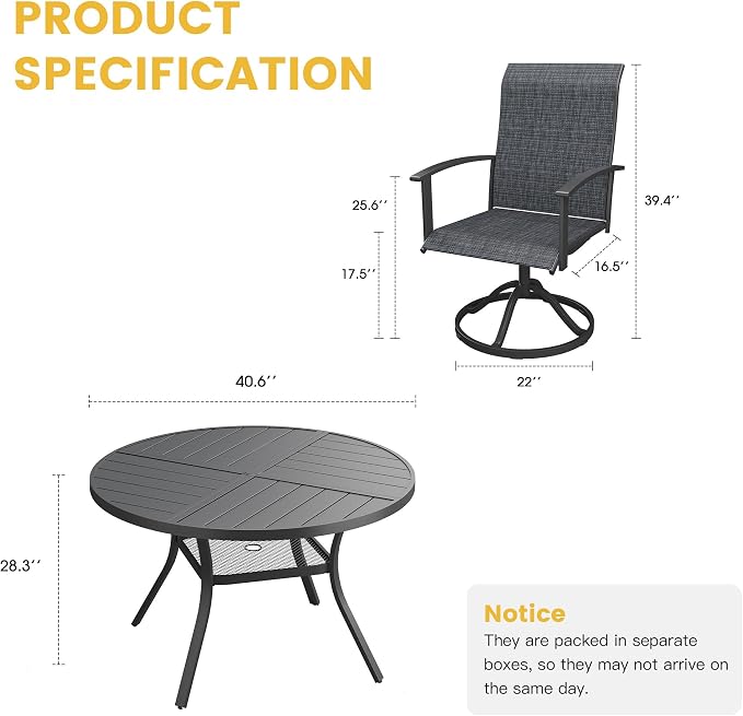 VICLLAX Outdoor Table and Chairs Set of 4, Metal Patio Dining Set-40.7" Round Dining Table and 4 Swivel Chairs for Deck, Lawn and Garden, Black Table and Chairs